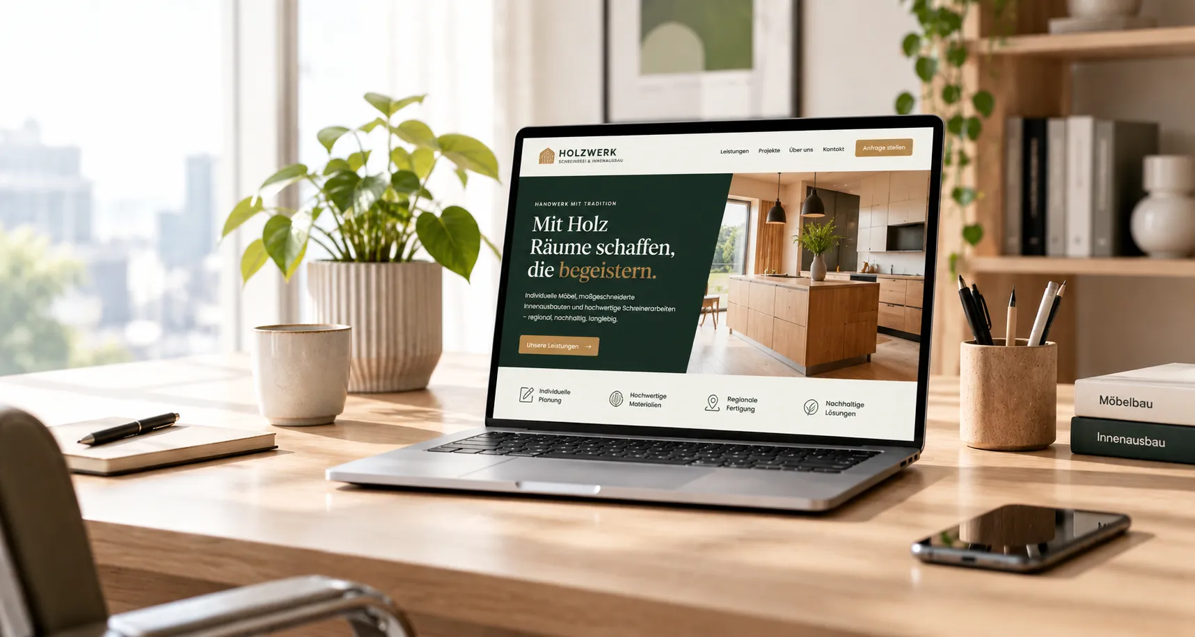 Laptop auf einem hellen Holzschreibtisch, auf dem Bildschirm die Website einer Schreinerei mit Küchenfoto; daneben Pflanze, Kaffeetasse und Notizbuch