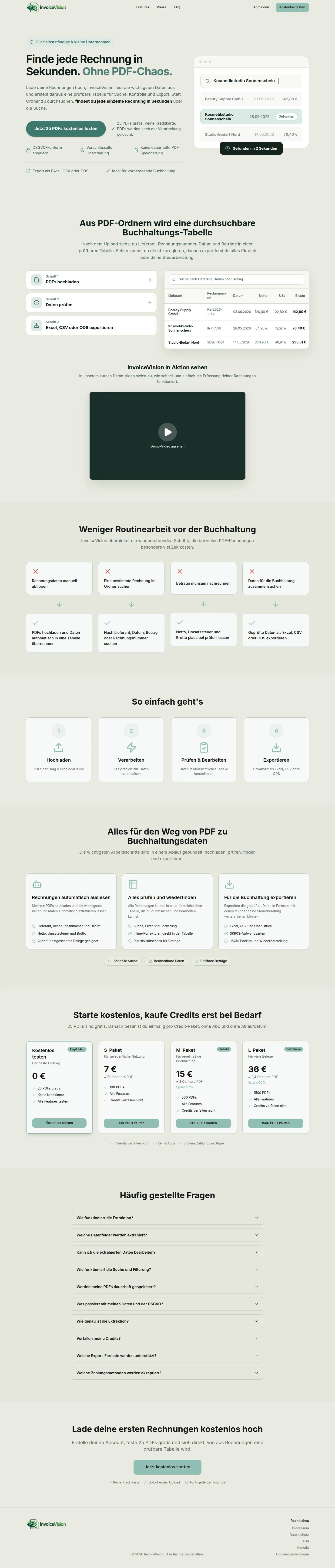 Startseite der WebApp InvoiceVision mit Suchfeld und Rechnungstabelle